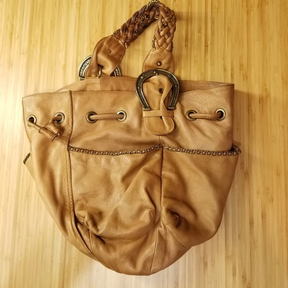 Vtg Betsey Johnson Leather Horseshoe‎ Bucket Bag Brown Y2K Western Cowgirl Hobo